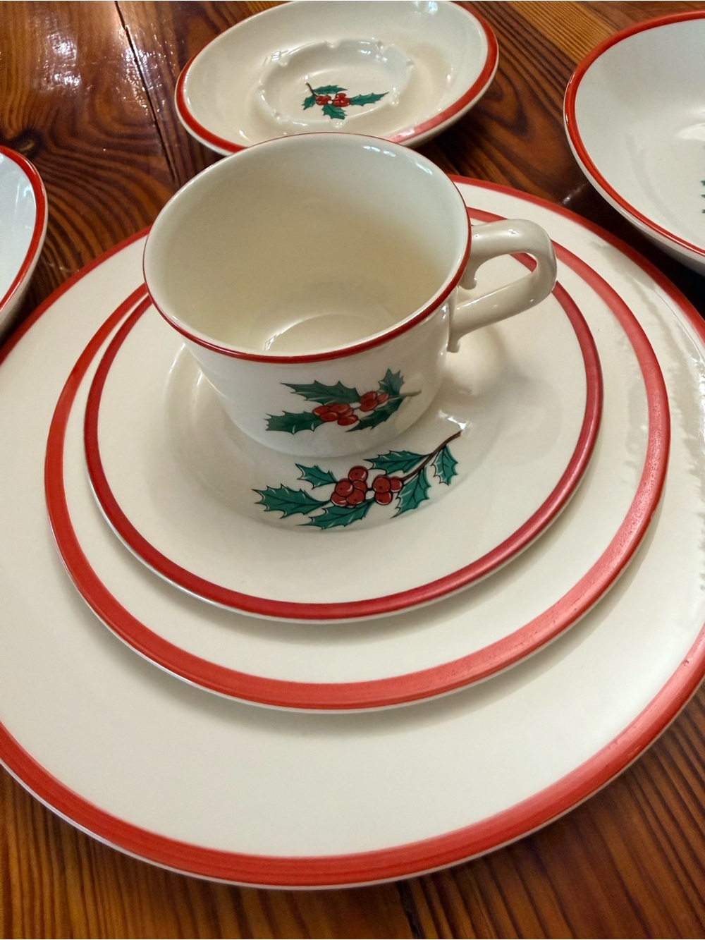 Vintage  Holiday Holly Spruce Dinnerware Set - Red Trim